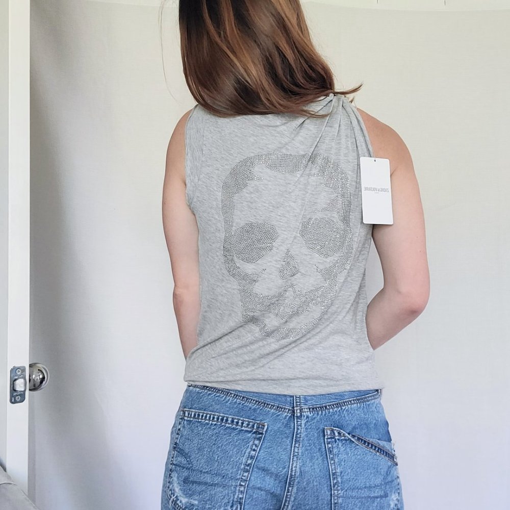 Zadig & Voltaire Brooklyn Skull Rhinestone Back Gray V-Neck Sleeveless Tee Small - Picture 5 of 9